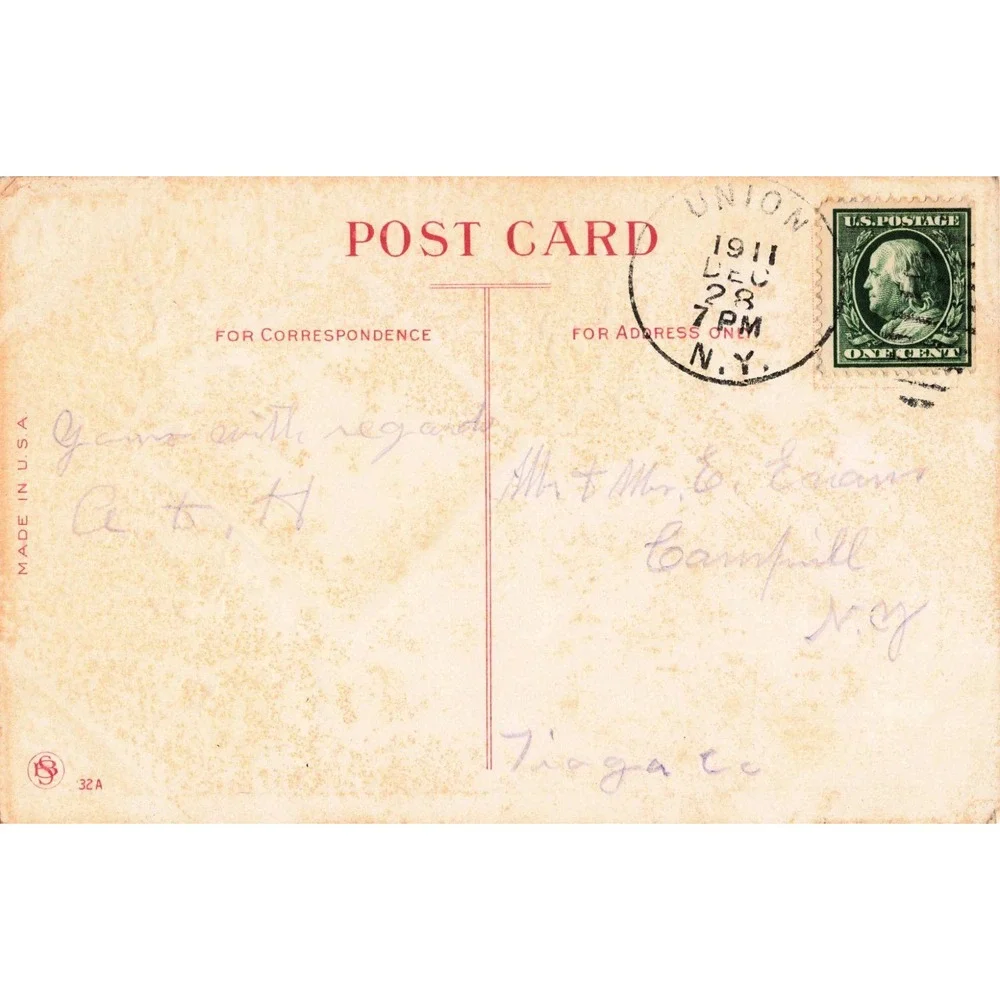 Antique 1911 New Year Postcard Winter Cabin Holly Union NY Postmark 1c Stamp